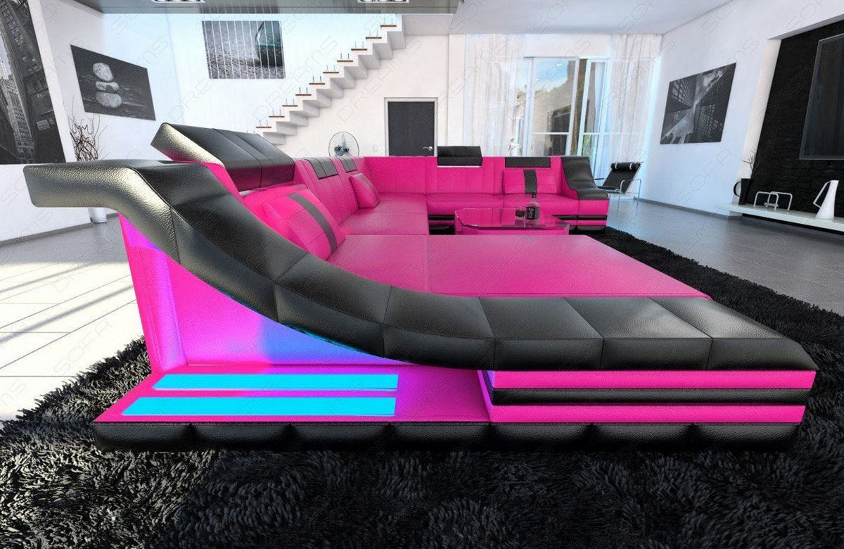 Mini XL Wohnlandschaft Turino U-Form aus Leder Pink-Schwarz