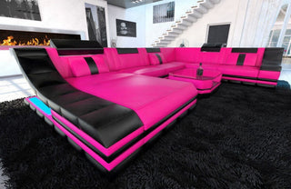 Mini XL Wohnlandschaft Turino U-Form aus Leder Pink-Schwarz