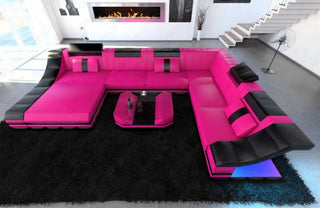 Mini XL Wohnlandschaft Turino U-Form aus Leder Pink-Schwarz