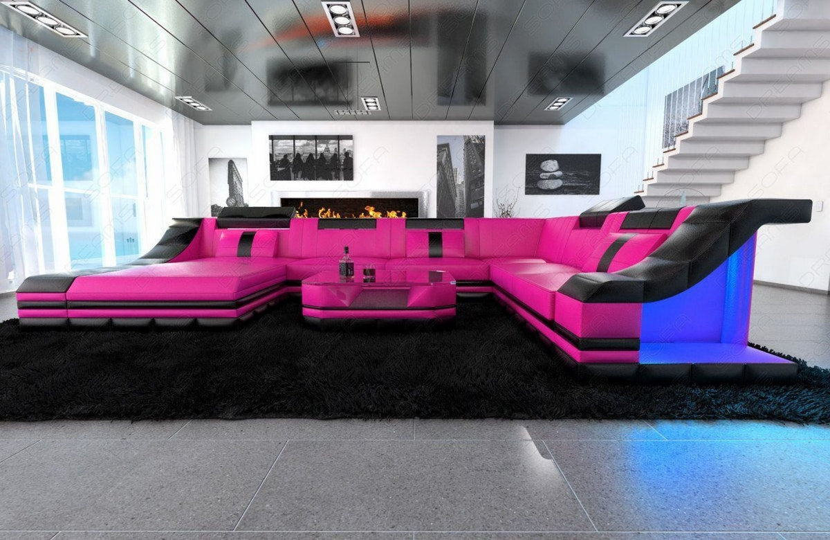 Mini XL Wohnlandschaft Turino U-Form aus Leder Pink-Schwarz