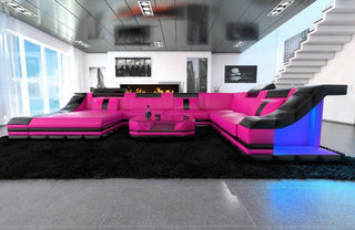 Mini XL Wohnlandschaft Turino U-Form aus Leder Pink-Schwarz
