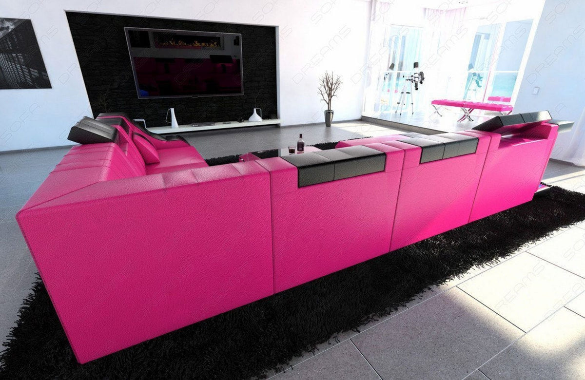 Mini XL Wohnlandschaft Turino U-Form aus Leder Pink-Schwarz