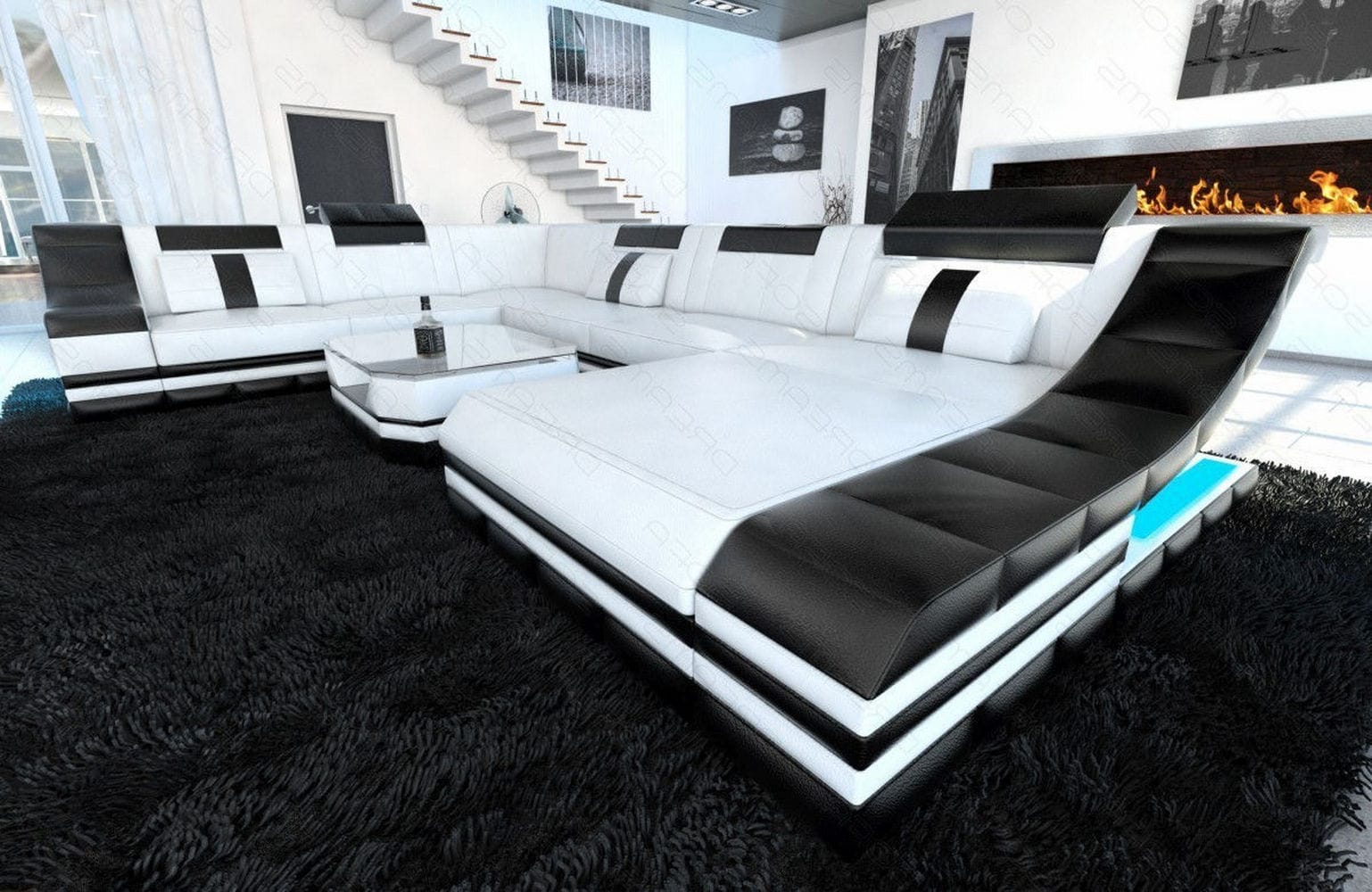 Design Wohnlandschaft Turino XL mit LED weiß-schwarz