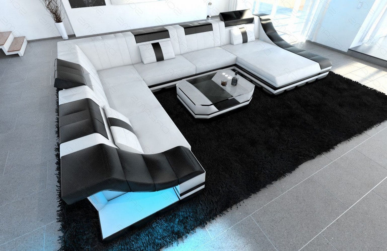 Design Wohnlandschaft Turino XL mit LED weiß-schwarz