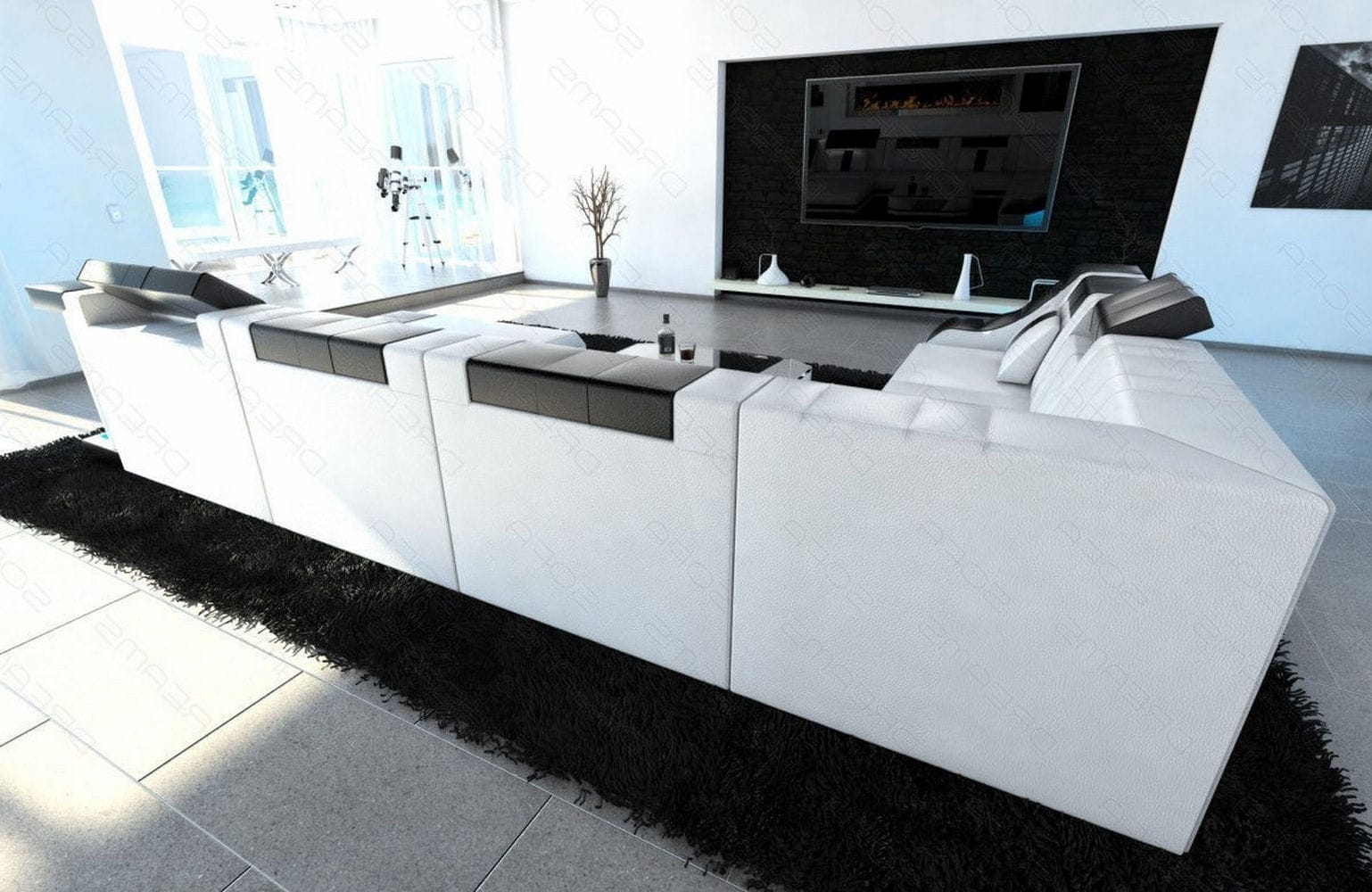 Design Wohnlandschaft Turino XL mit LED weiß-schwarz