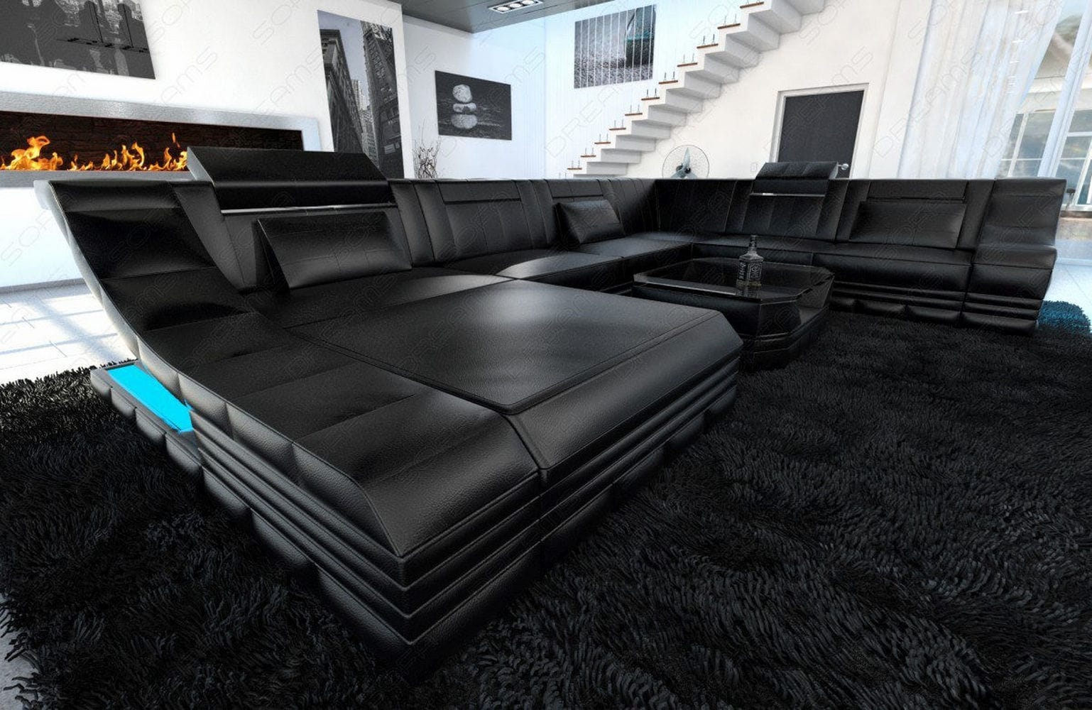 Design Wohnlandschaft Turino XL mit LED schwarz