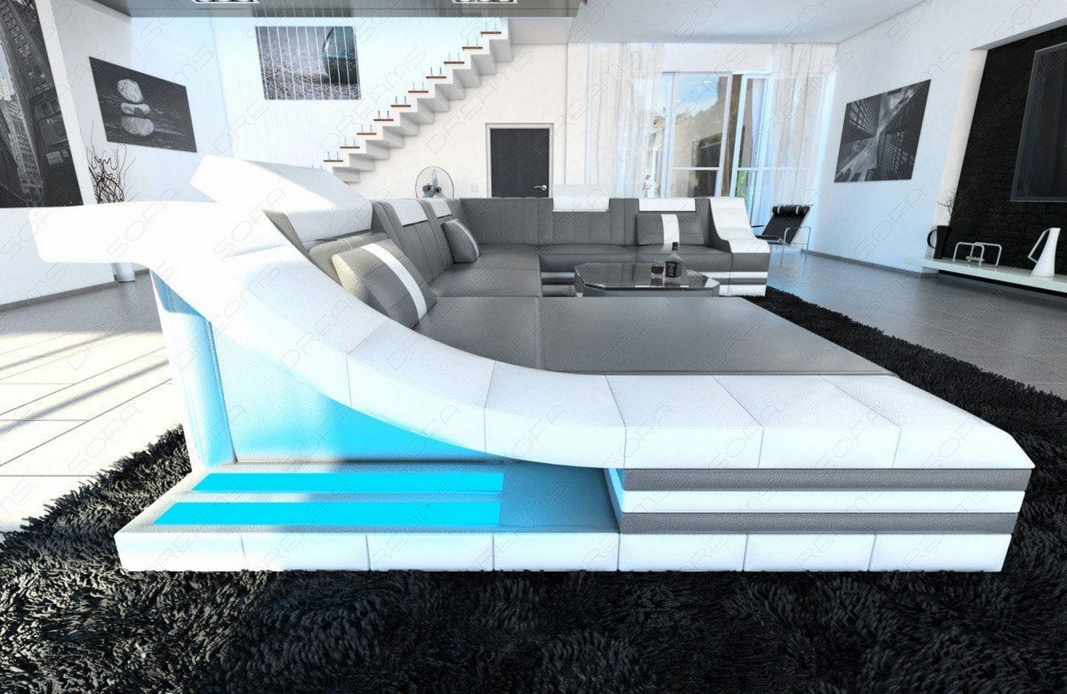 Design Wohnlandschaft Turino XL mit LED grau-weiß
