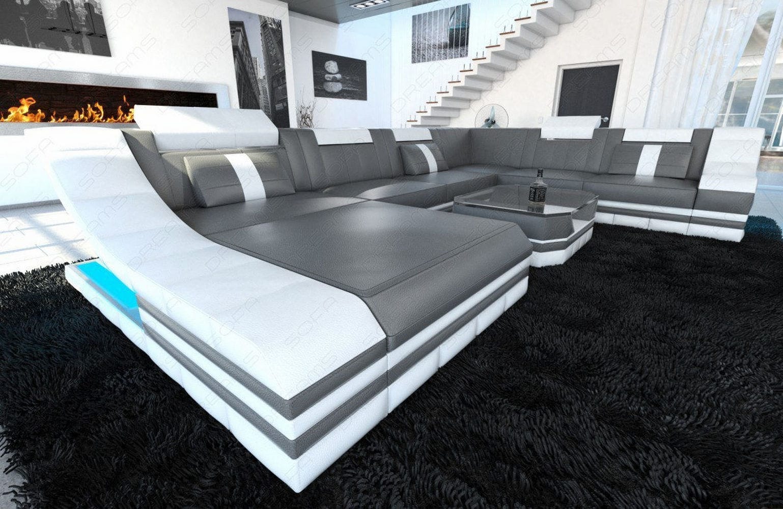 Design Wohnlandschaft Turino XL mit LED grau-weiß