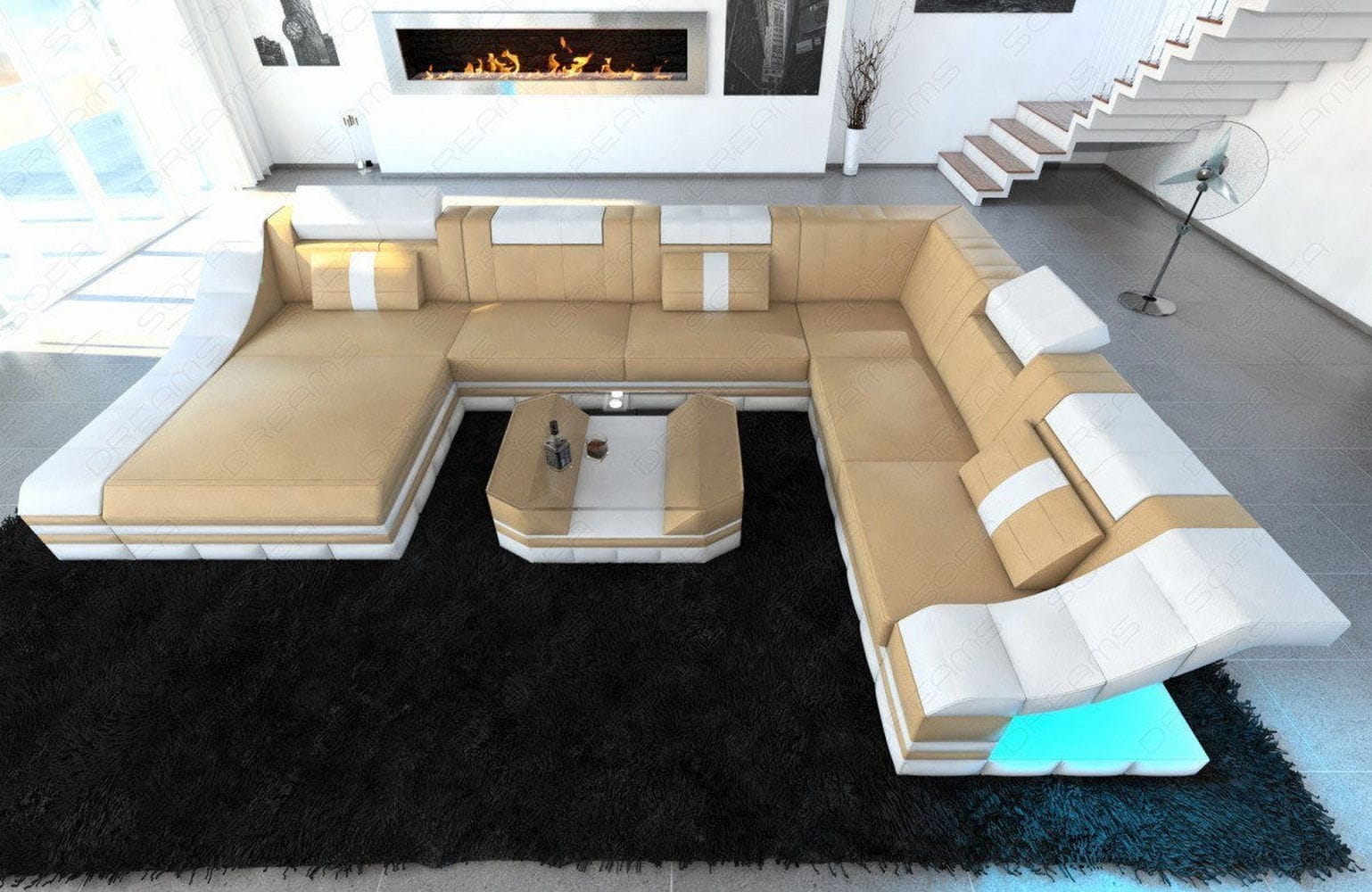 Design Wohnlandschaft Turino XL mit LED sandbeige-weiß