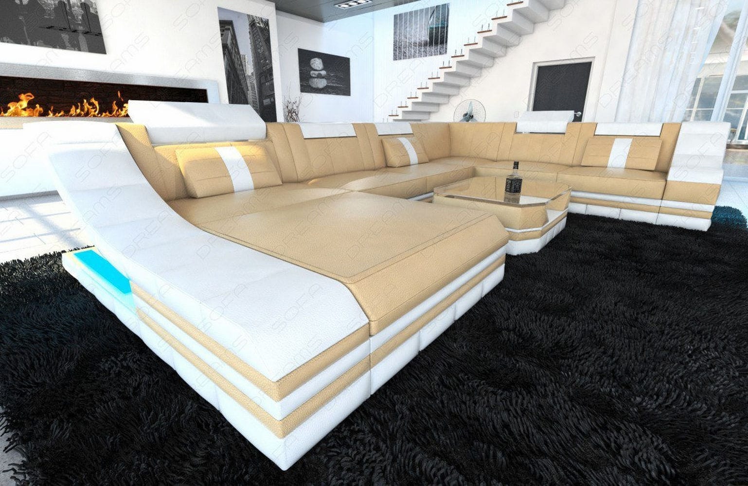 Design Wohnlandschaft Turino XL mit LED sandbeige-weiß