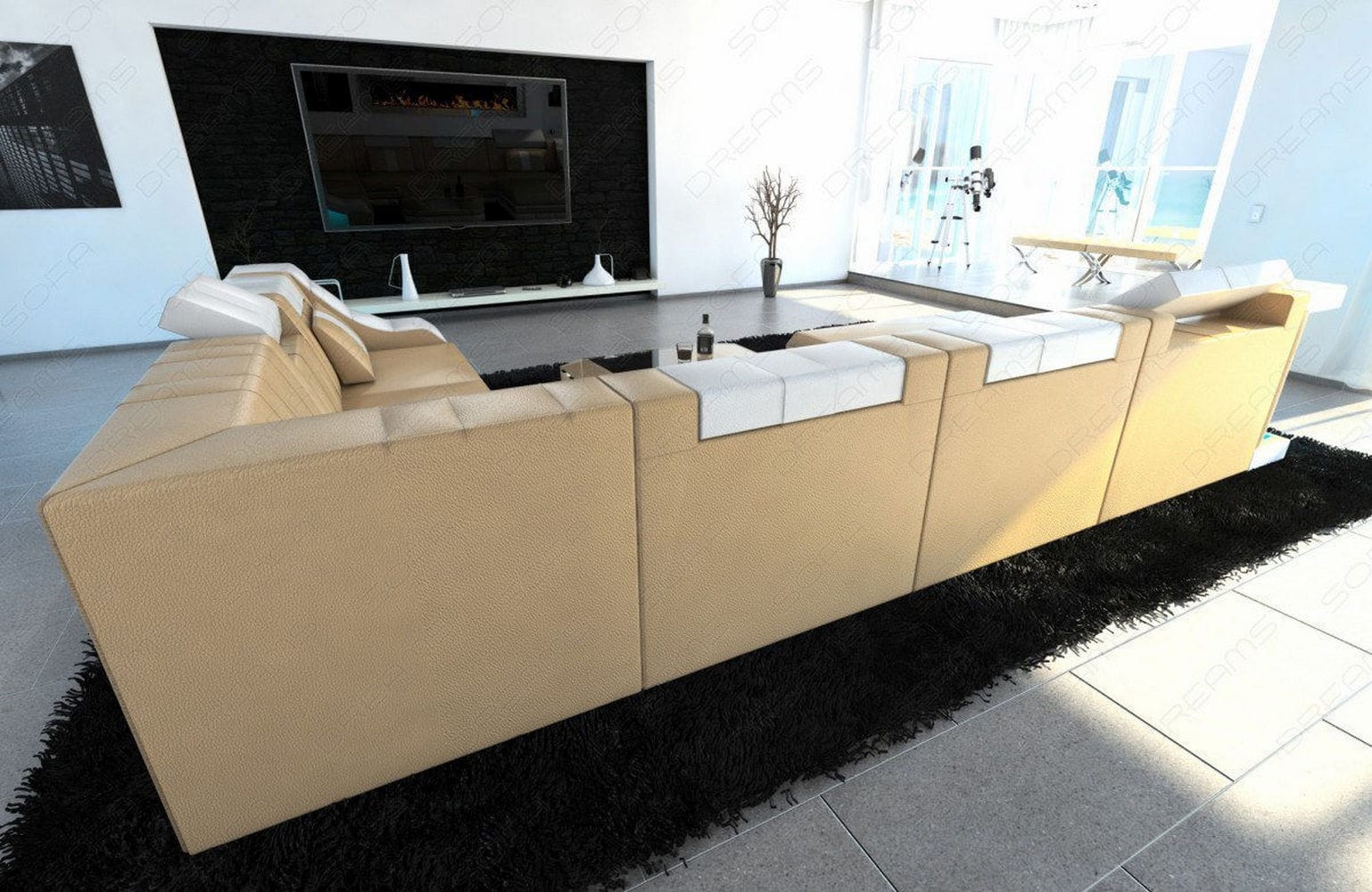 Design Wohnlandschaft Turino XL mit LED sandbeige-weiß