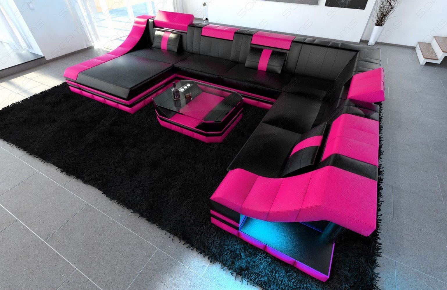 Design Wohnlandschaft Turino XL mit LED schwarz-pink