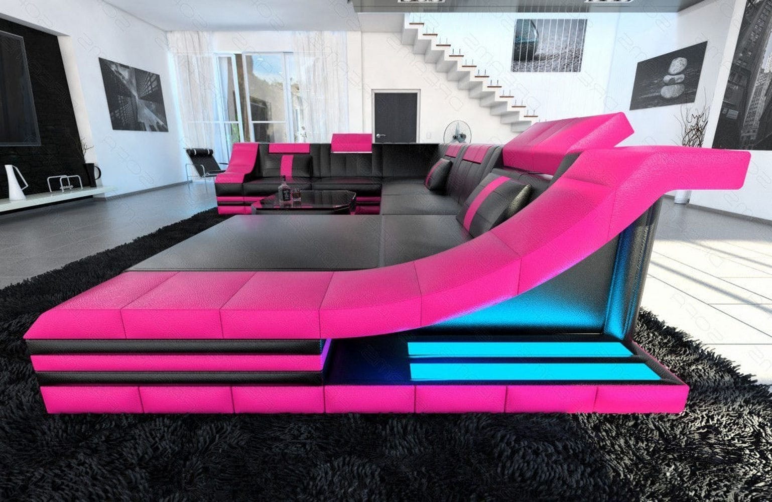 Design Wohnlandschaft Turino XL mit LED schwarz-pink