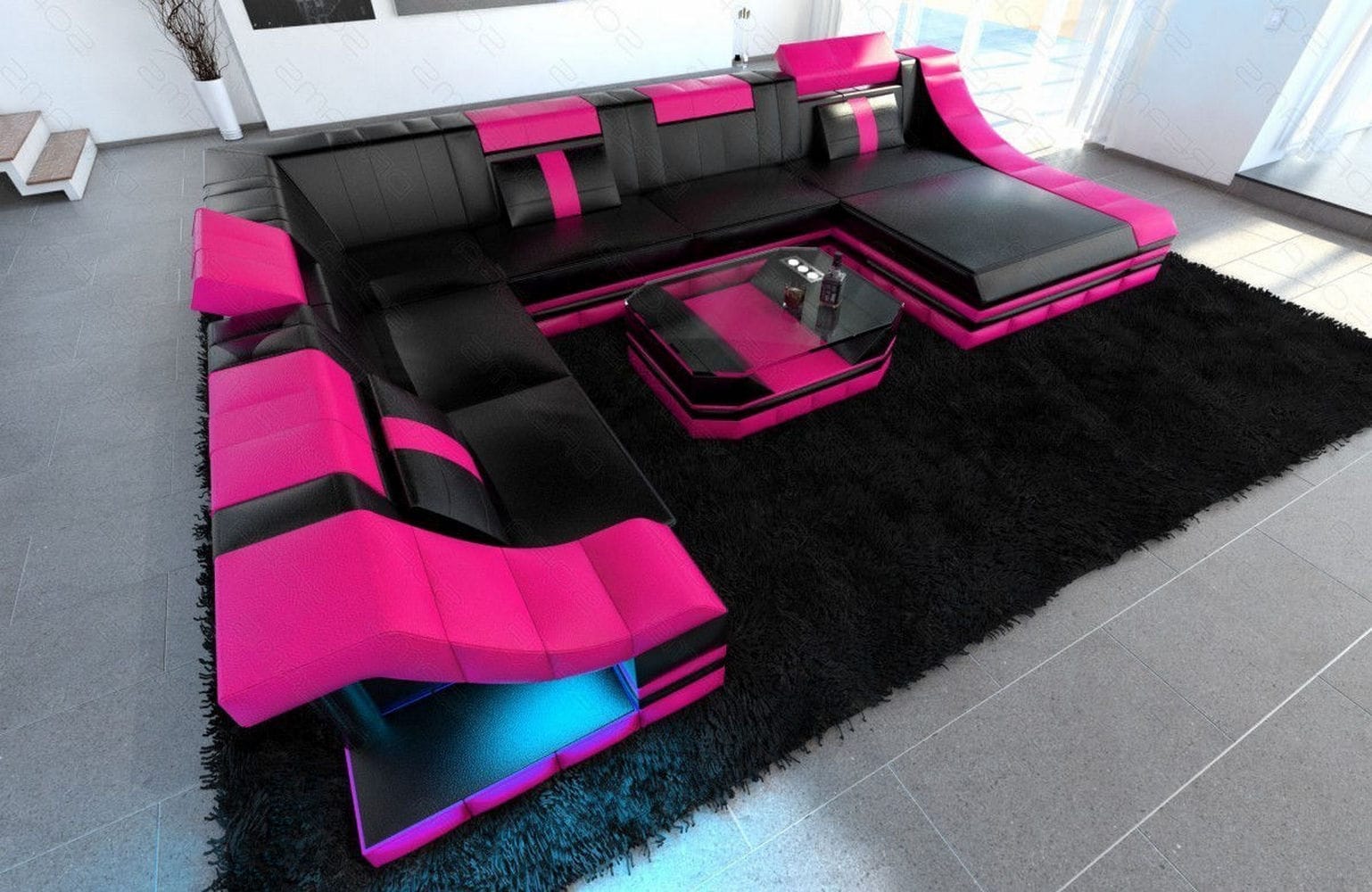 Design Wohnlandschaft Turino XL mit LED schwarz-pink