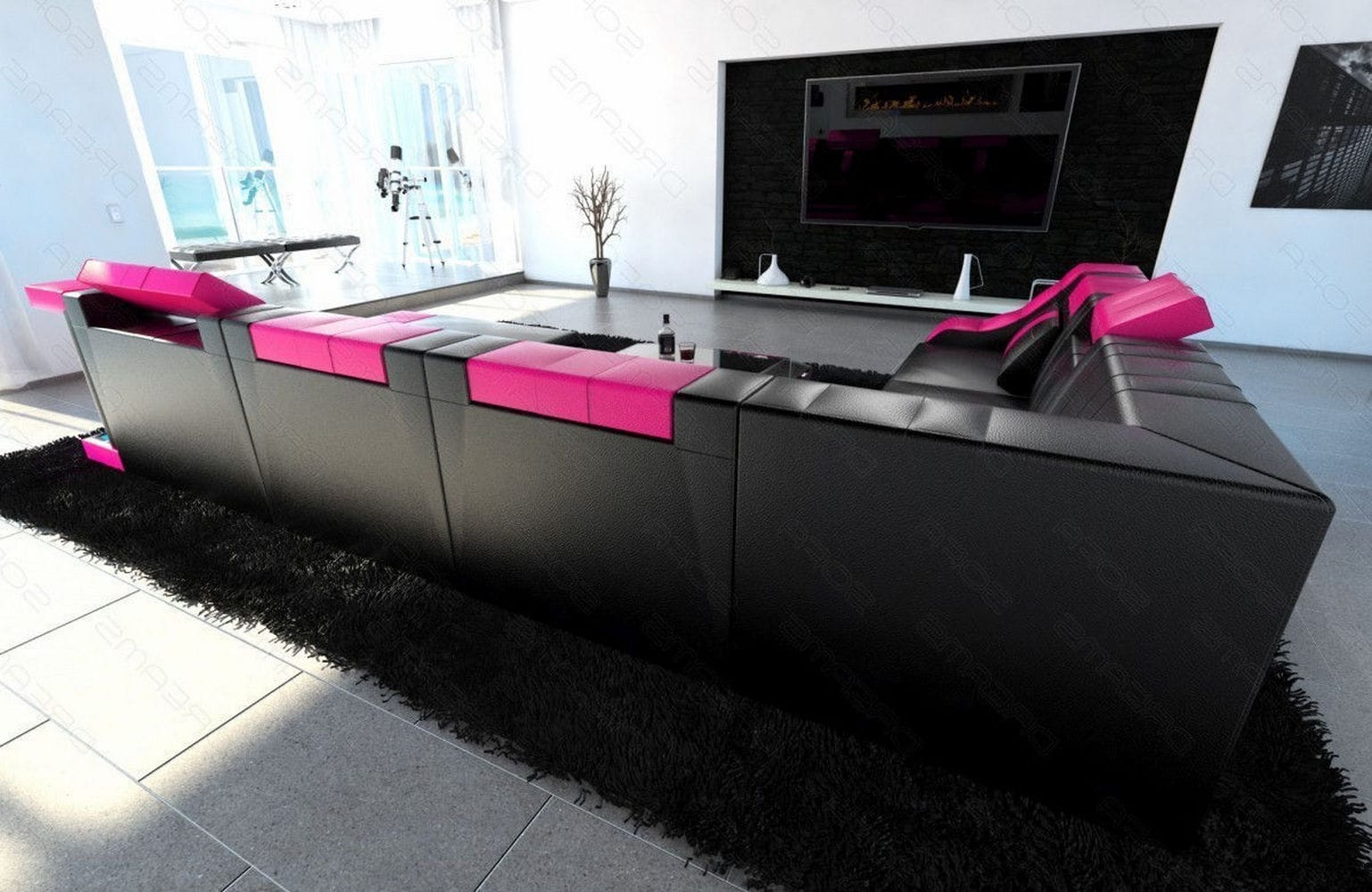 Design Wohnlandschaft Turino XL mit LED schwarz-pink