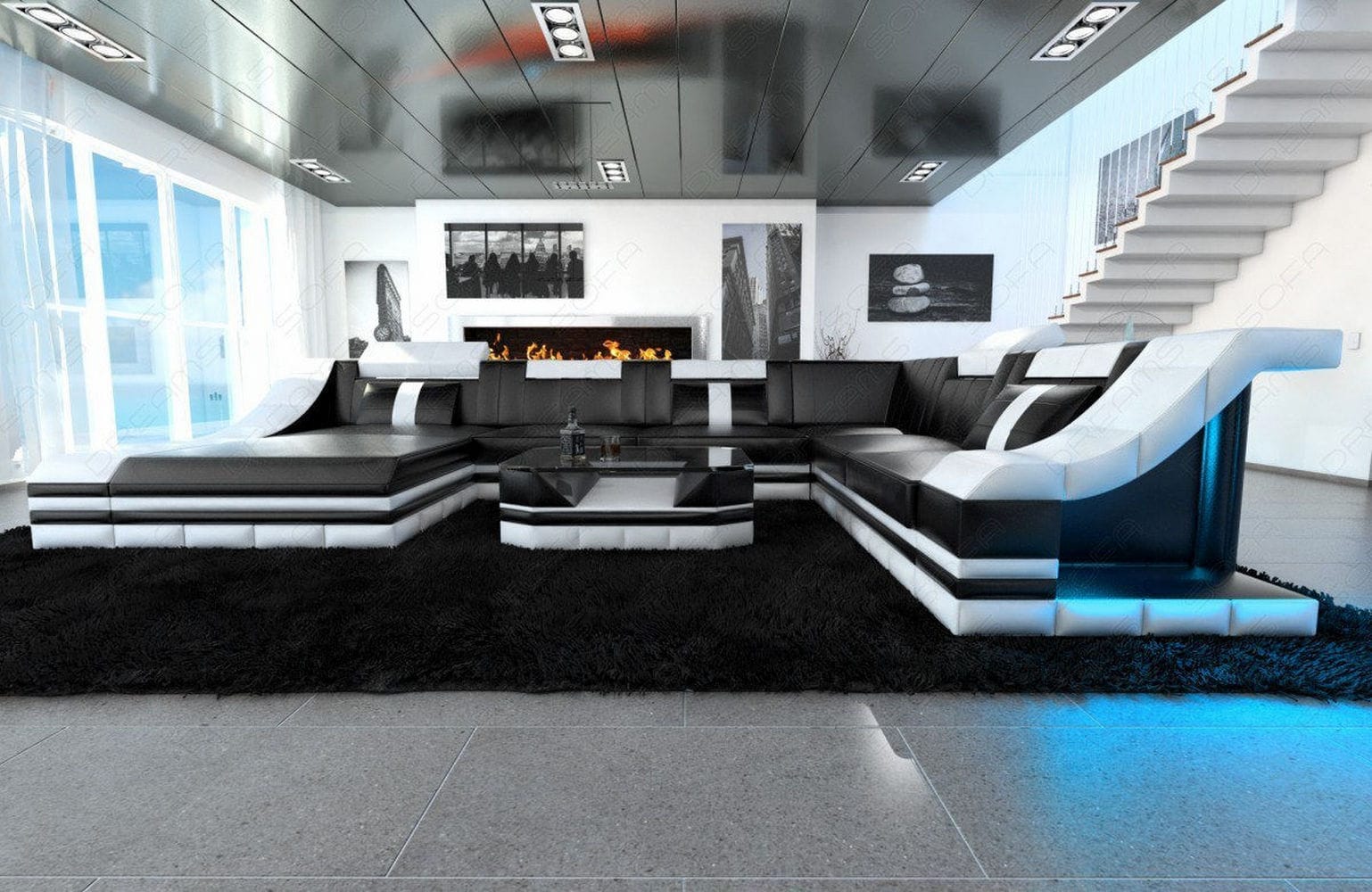 Design Wohnlandschaft Turino XL mit LED schwarz-weiß