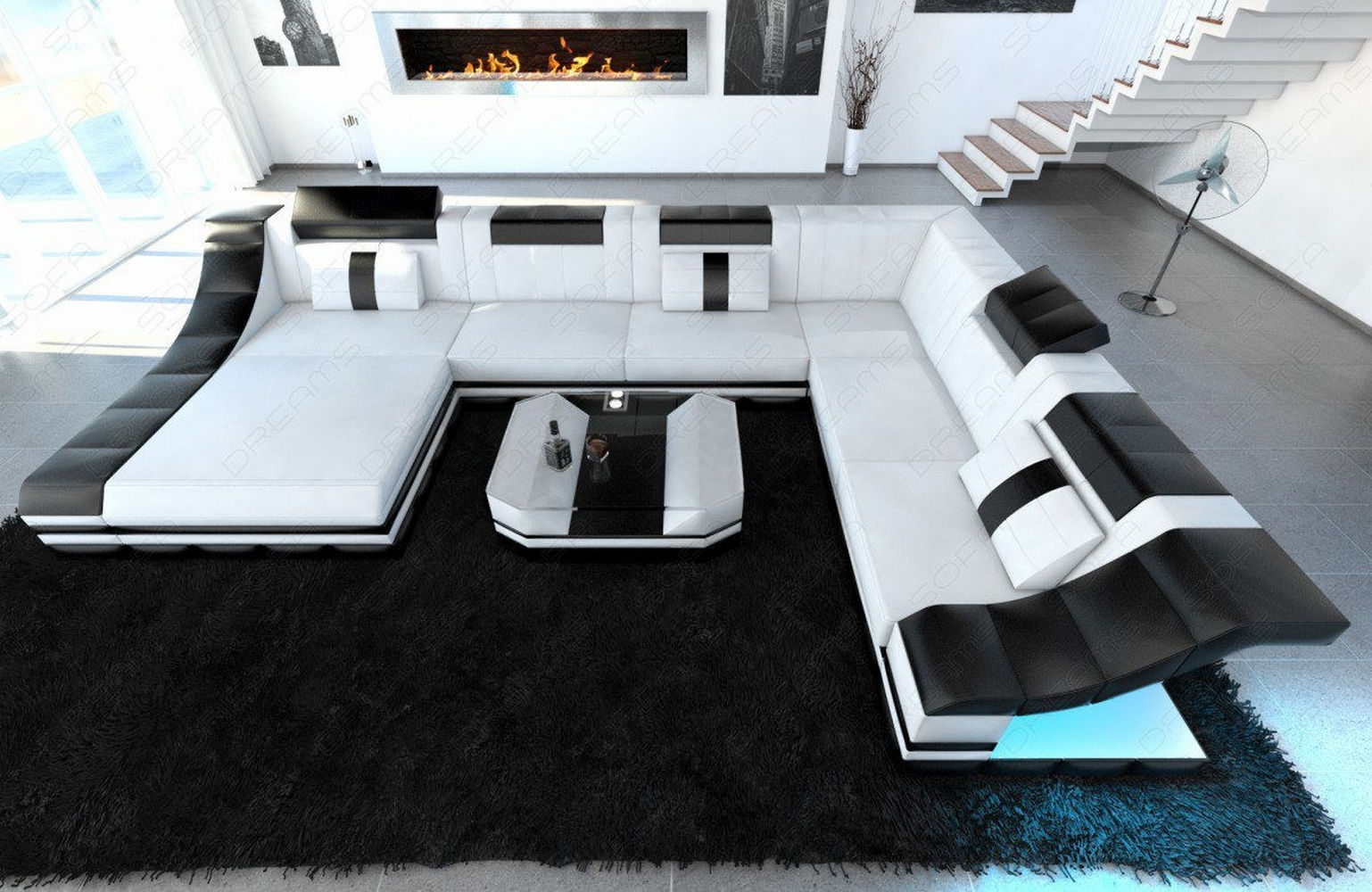 Design Wohnlandschaft Turino XL mit LED weiß-schwarz