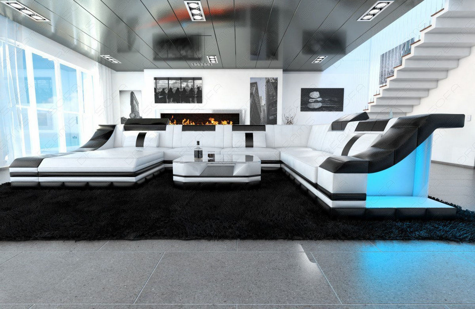 Design Wohnlandschaft Turino XL mit LED weiß-schwarz