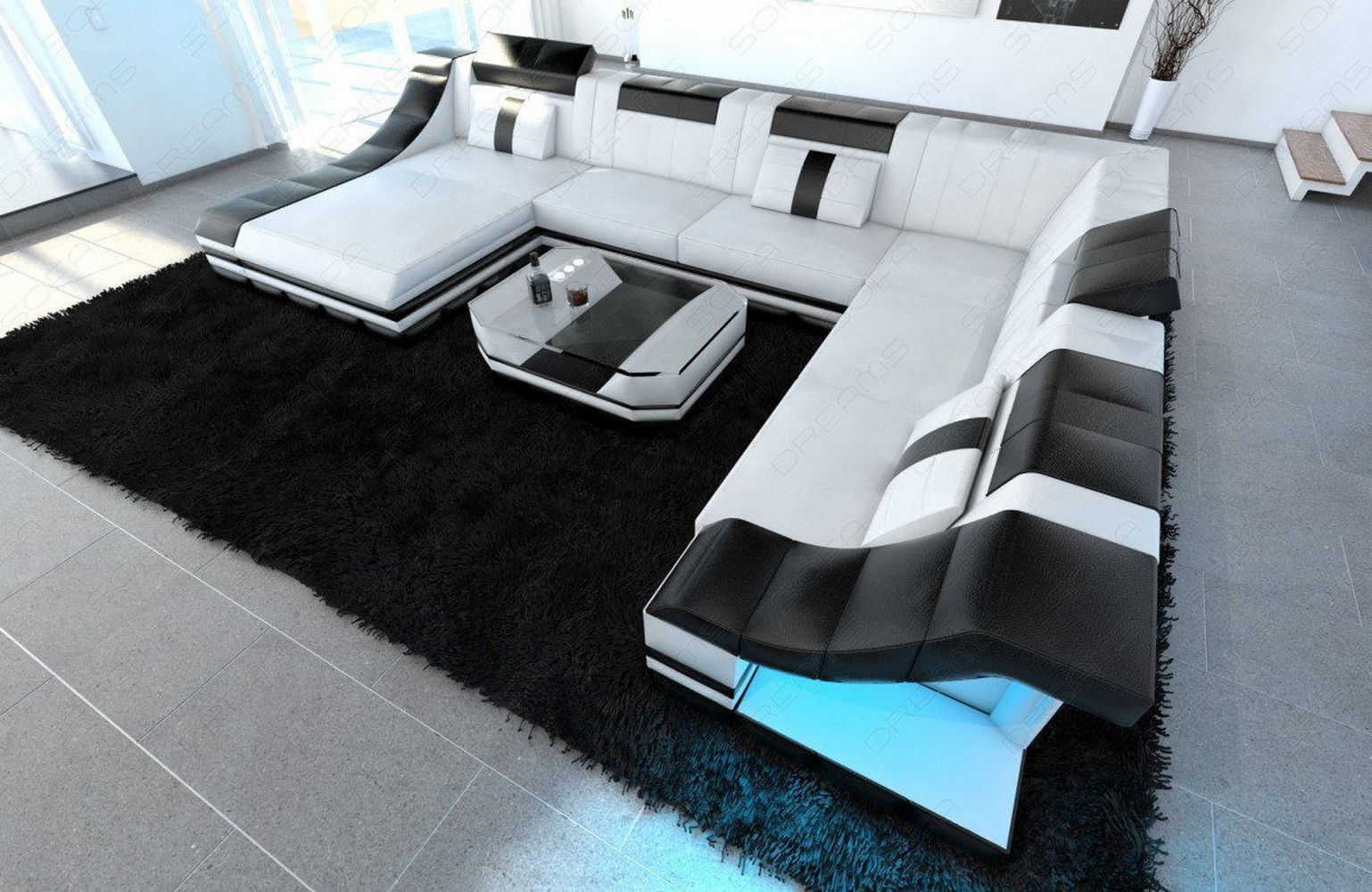 Design Wohnlandschaft Turino XL mit LED weiß-schwarz