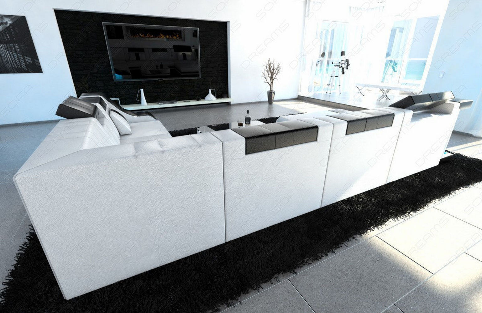 Design Wohnlandschaft Turino XL mit LED weiß-schwarz