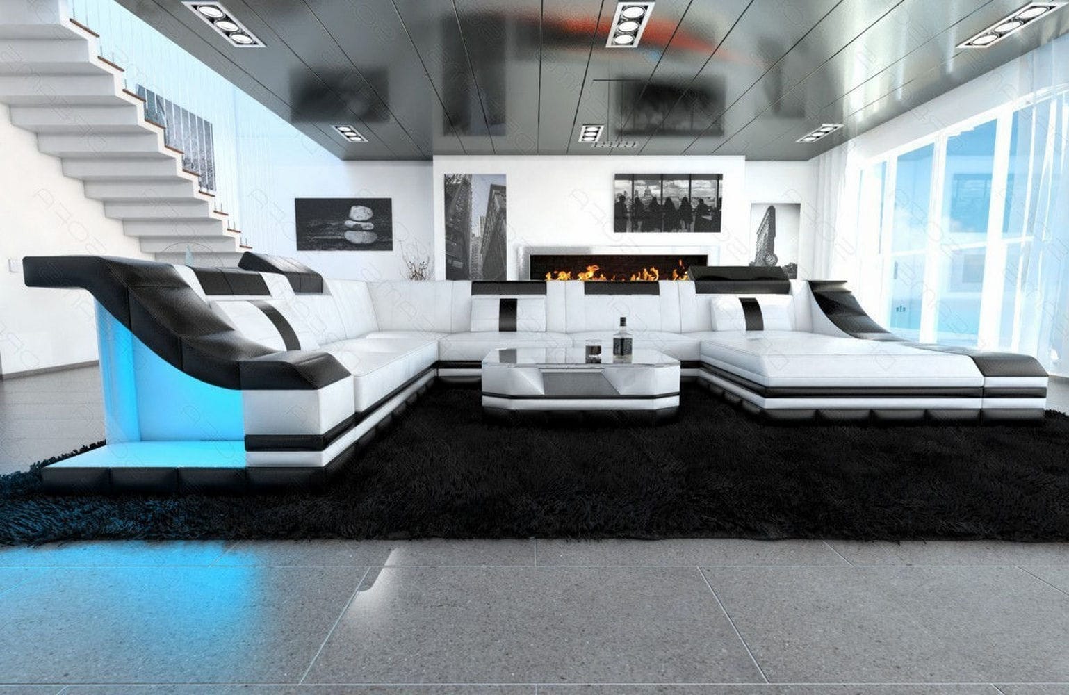 Design Wohnlandschaft Turino XL mit LED weiß-schwarz