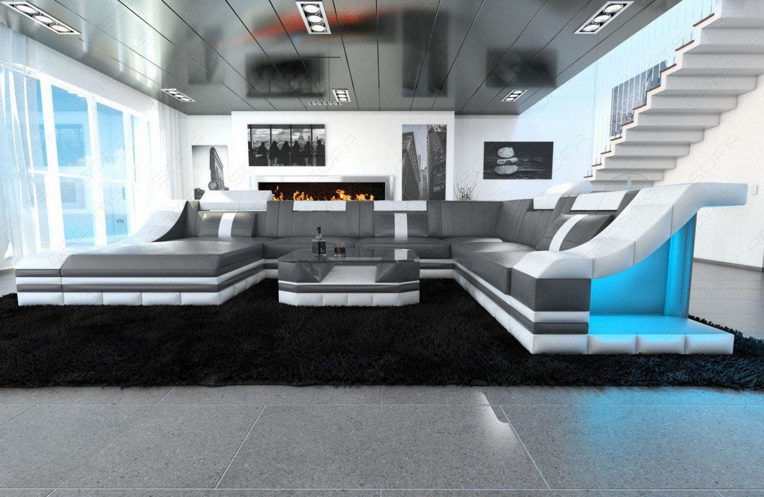 Design Wohnlandschaft Turino XL mit LED grau-weiß