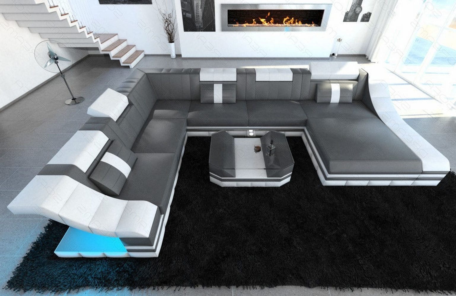 Design Wohnlandschaft Turino XL mit LED grau-weiß
