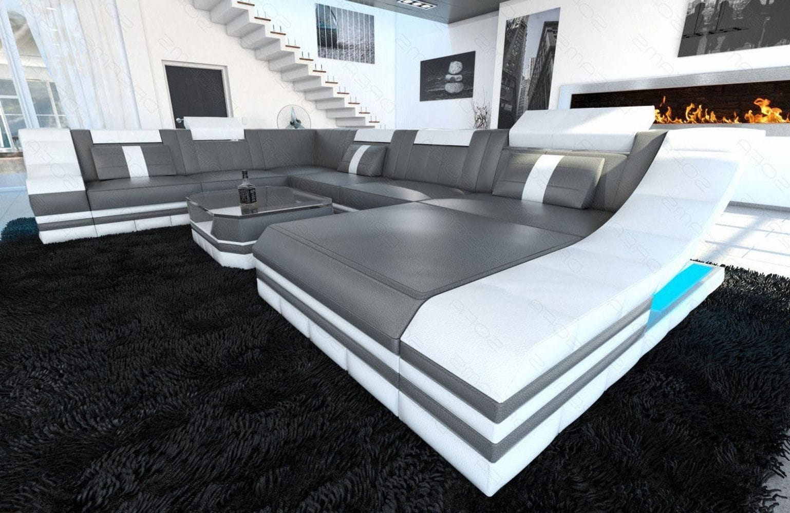 Design Wohnlandschaft Turino XL mit LED grau-weiß