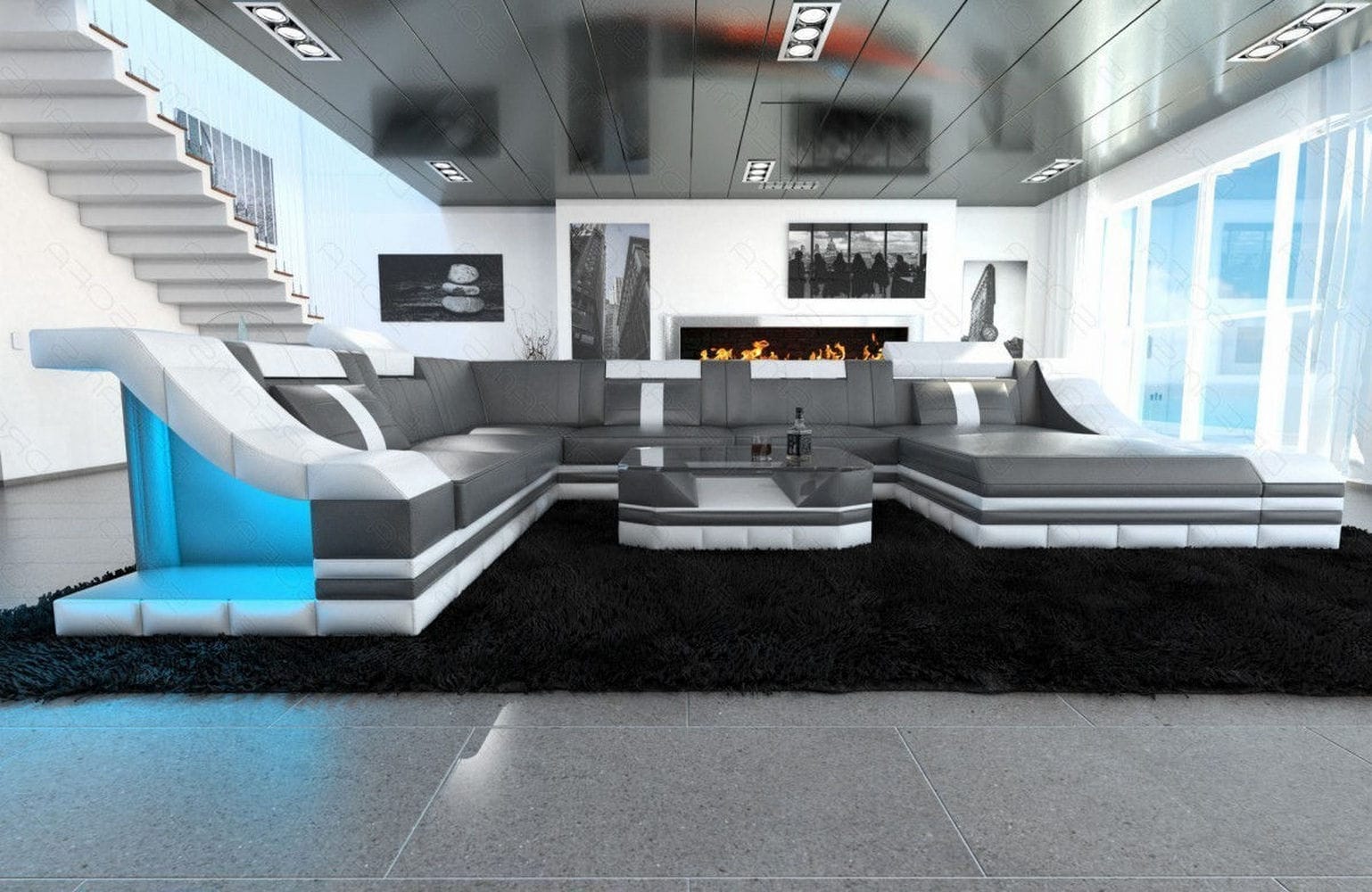 Design Wohnlandschaft Turino XL mit LED grau-weiß