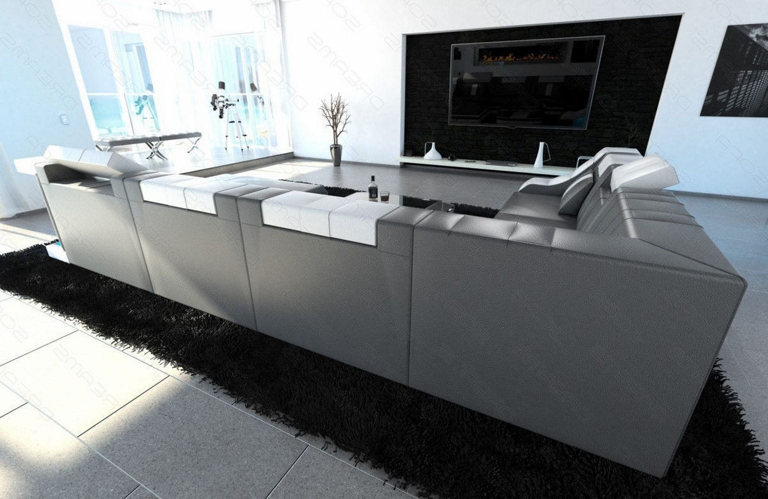 Design Wohnlandschaft Turino XL mit LED grau-weiß