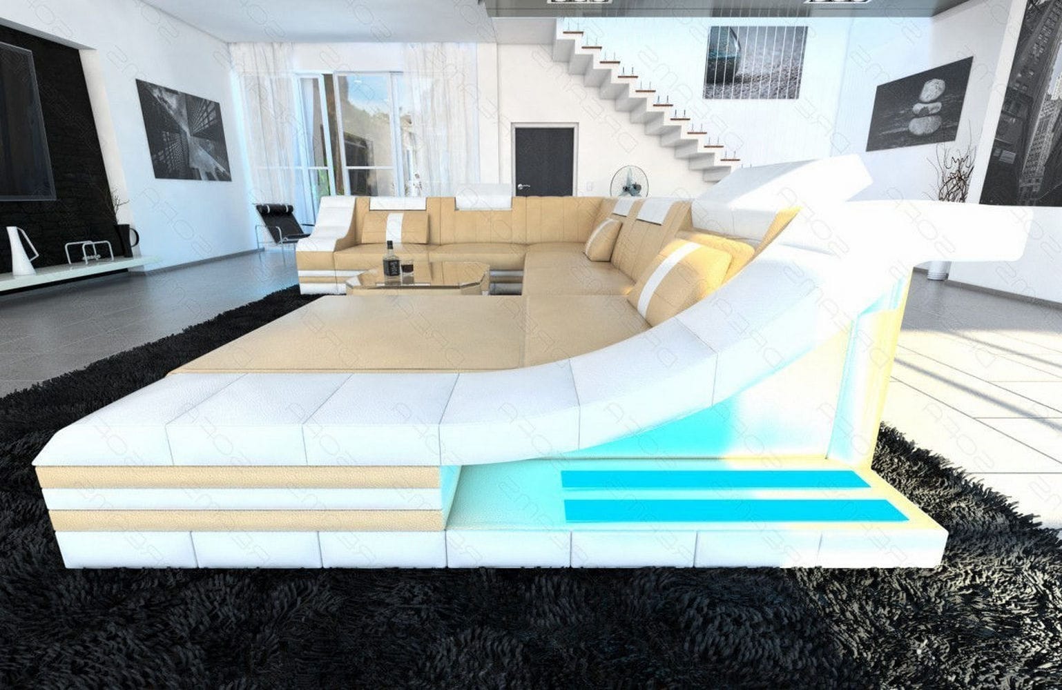 Design Wohnlandschaft Turino XL mit LED sandbeige-weiß