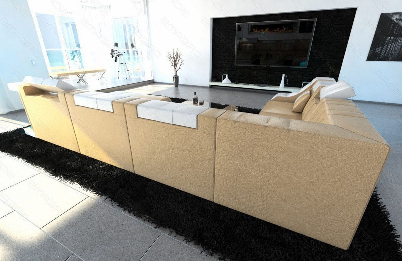 Design Wohnlandschaft Turino XL mit LED sandbeige-weiß