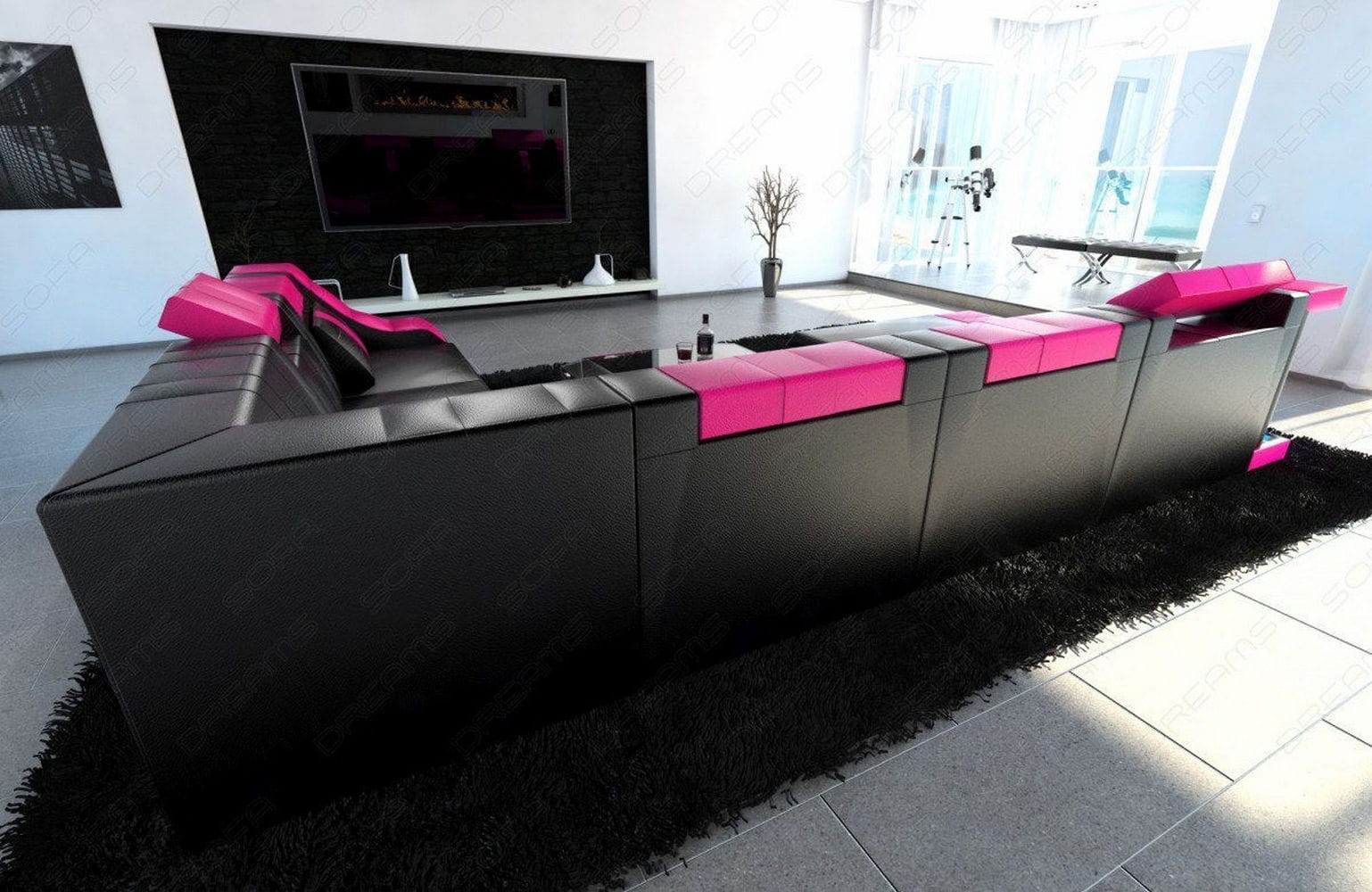 Design Wohnlandschaft Turino XL mit LED schwarz-pink