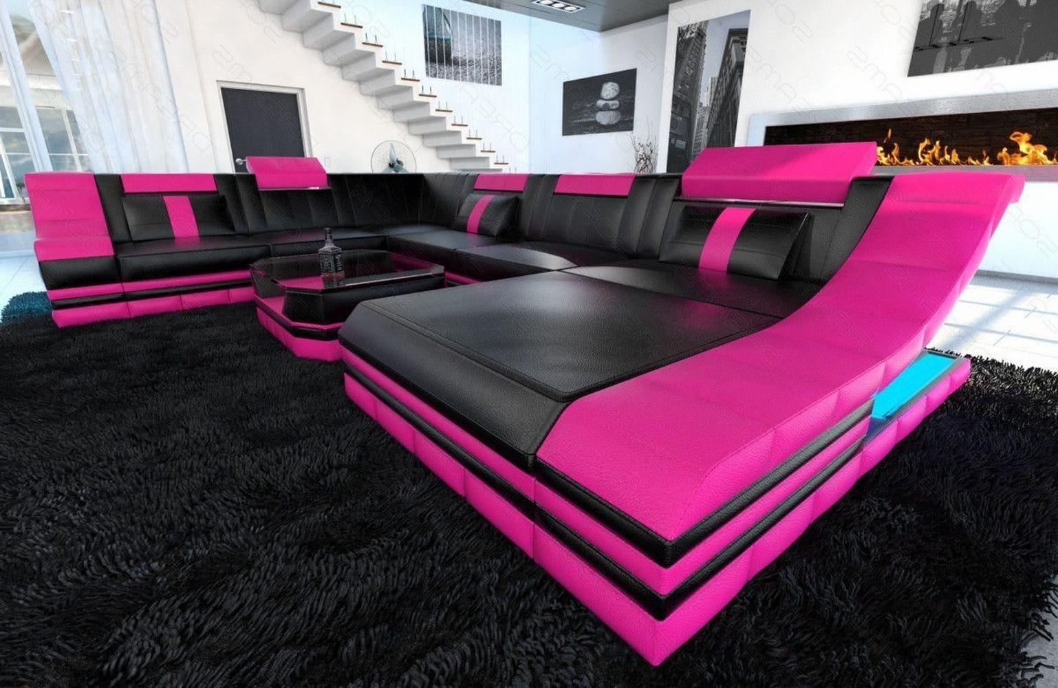 Design Wohnlandschaft Turino XL mit LED schwarz-pink