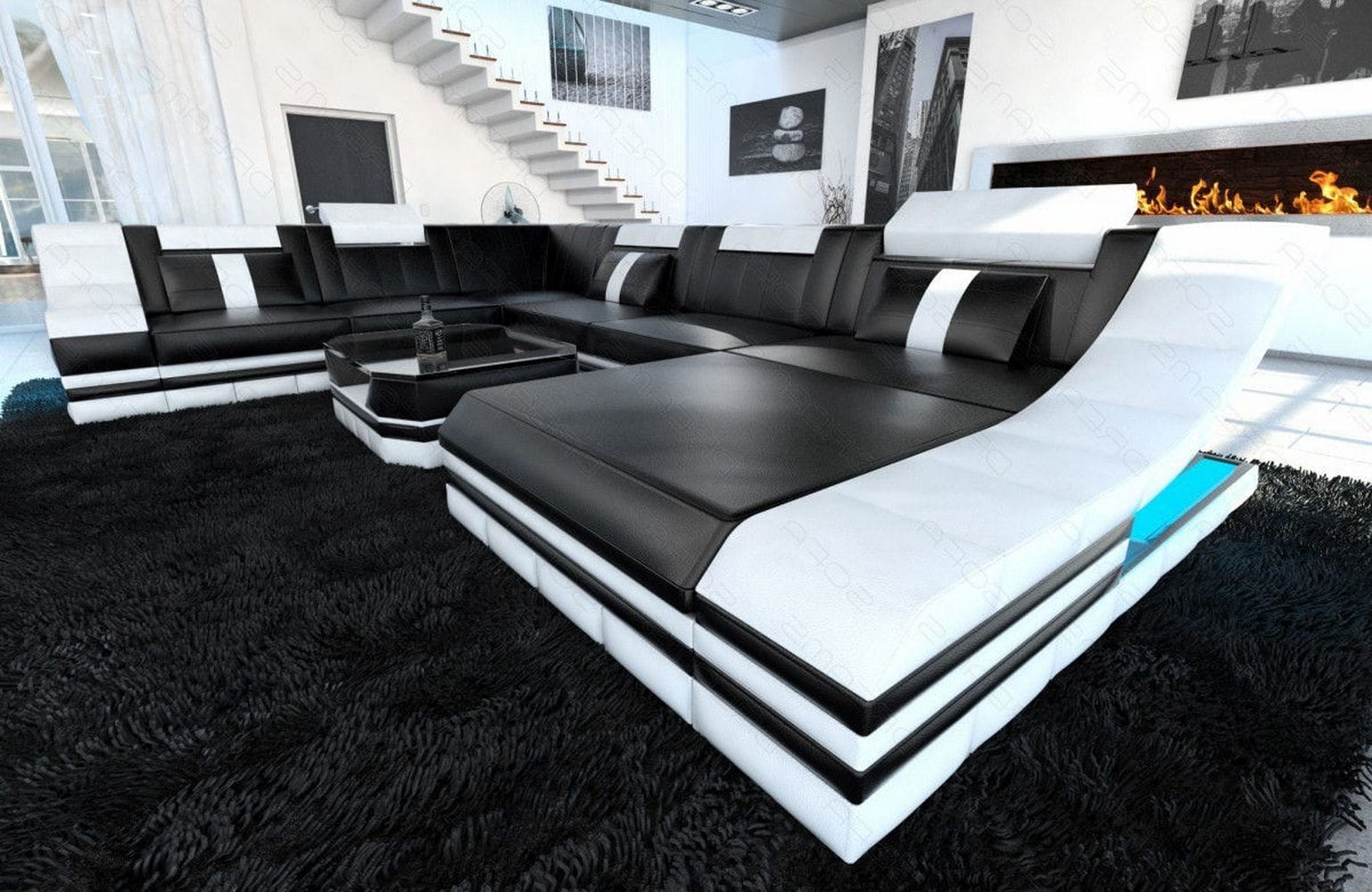 Design Wohnlandschaft Turino XL mit LED schwarz-weiß