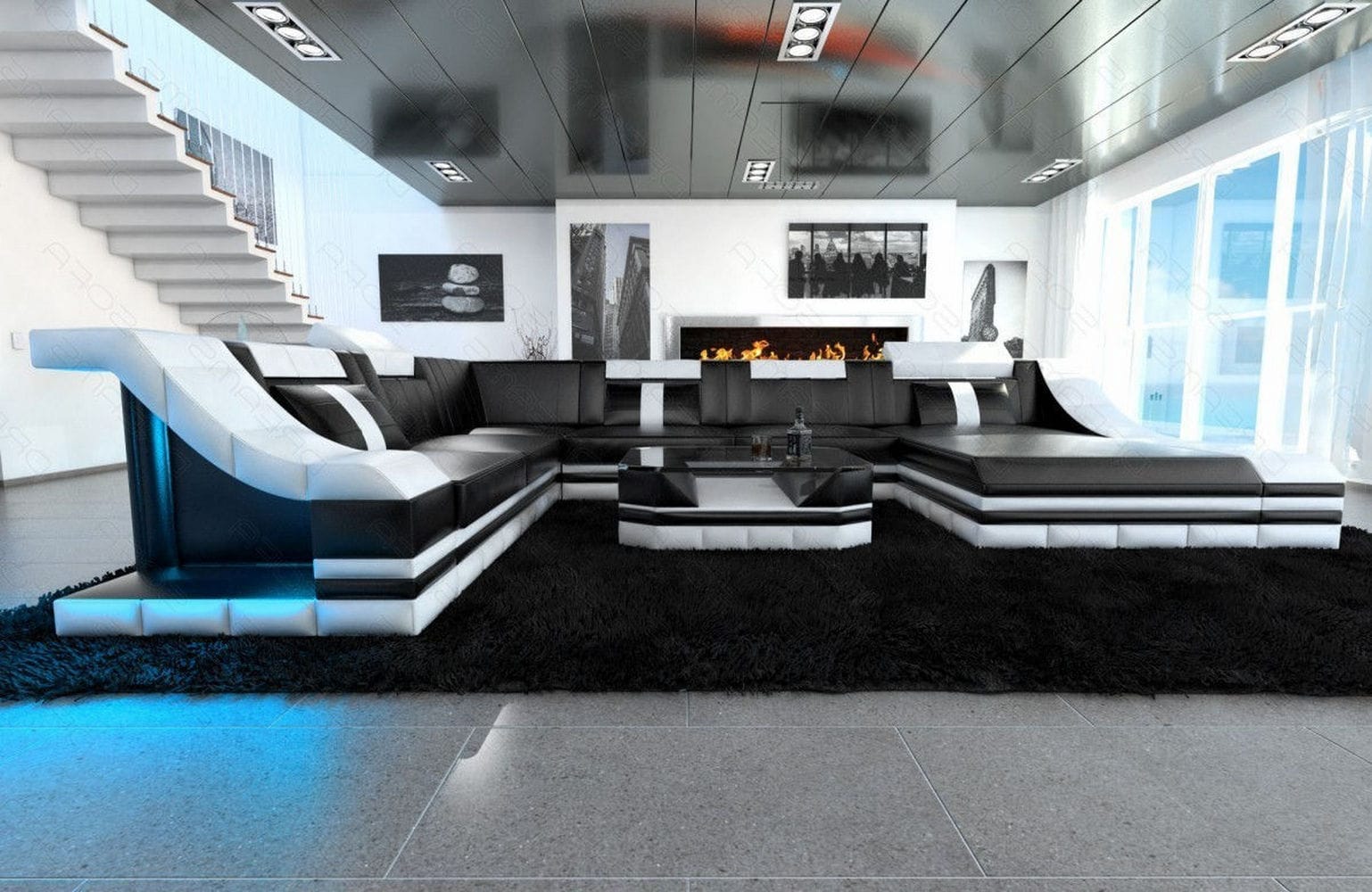 Design Wohnlandschaft Turino XL mit LED schwarz-weiß