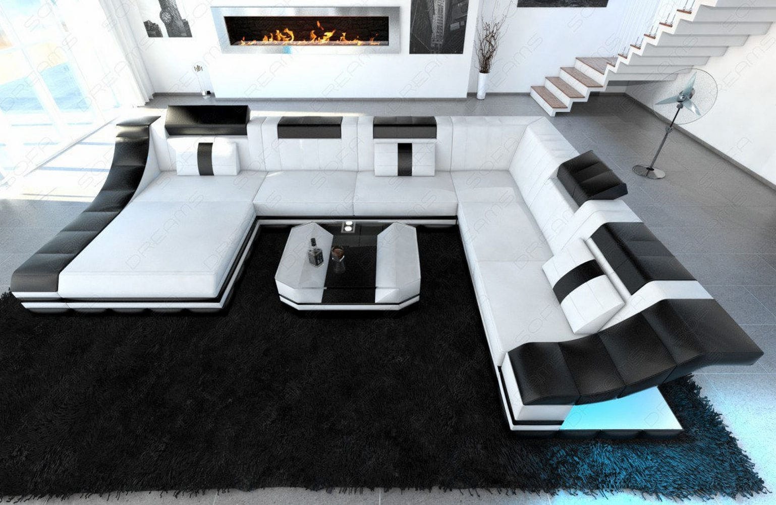 Design Wohnlandschaft Turino XL mit LED weiß-schwarz