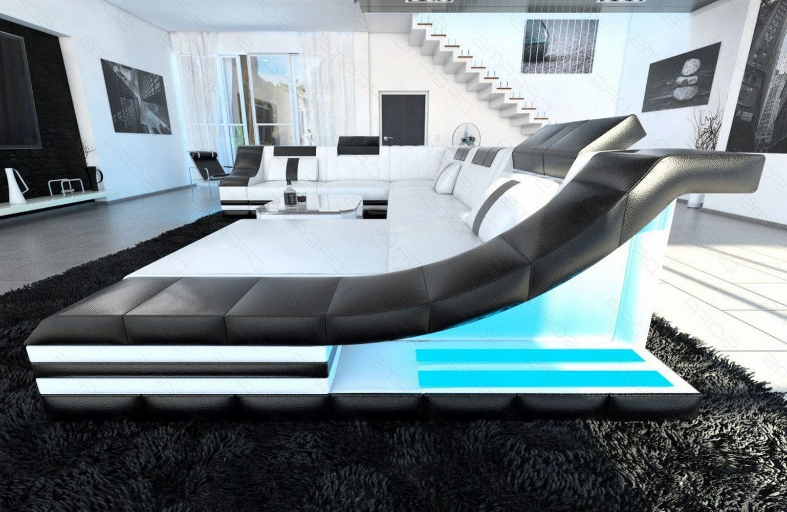 Design Wohnlandschaft Turino XL mit LED weiß-schwarz