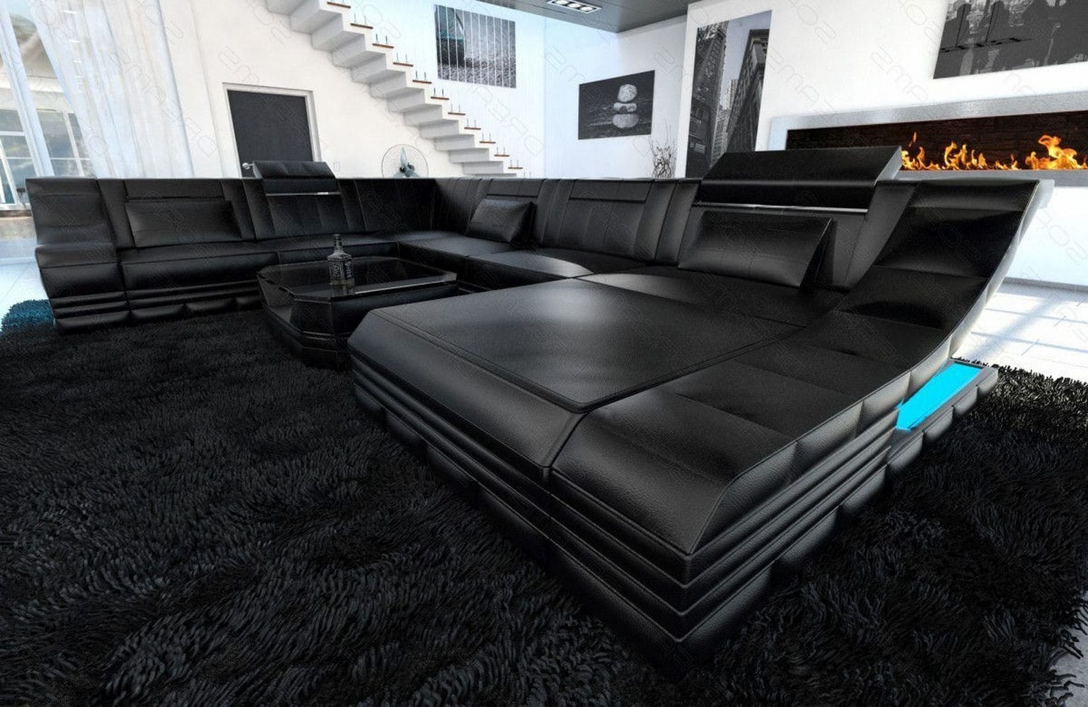 Design Wohnlandschaft Turino XL mit LED schwarz