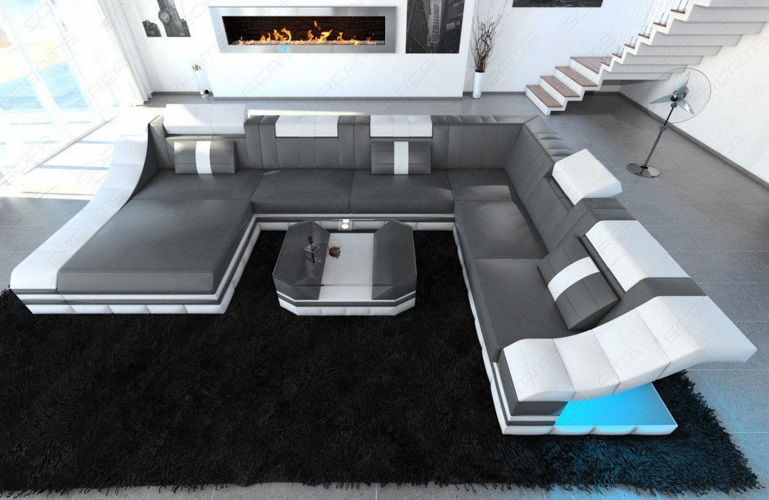 Design Wohnlandschaft Turino XL mit LED grau-weiß