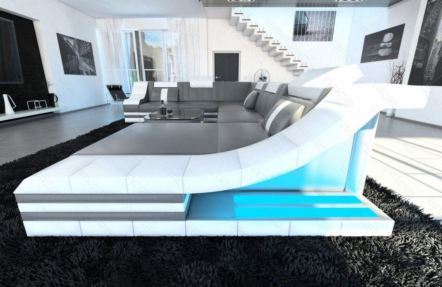Design Wohnlandschaft Turino XL mit LED grau-weiß