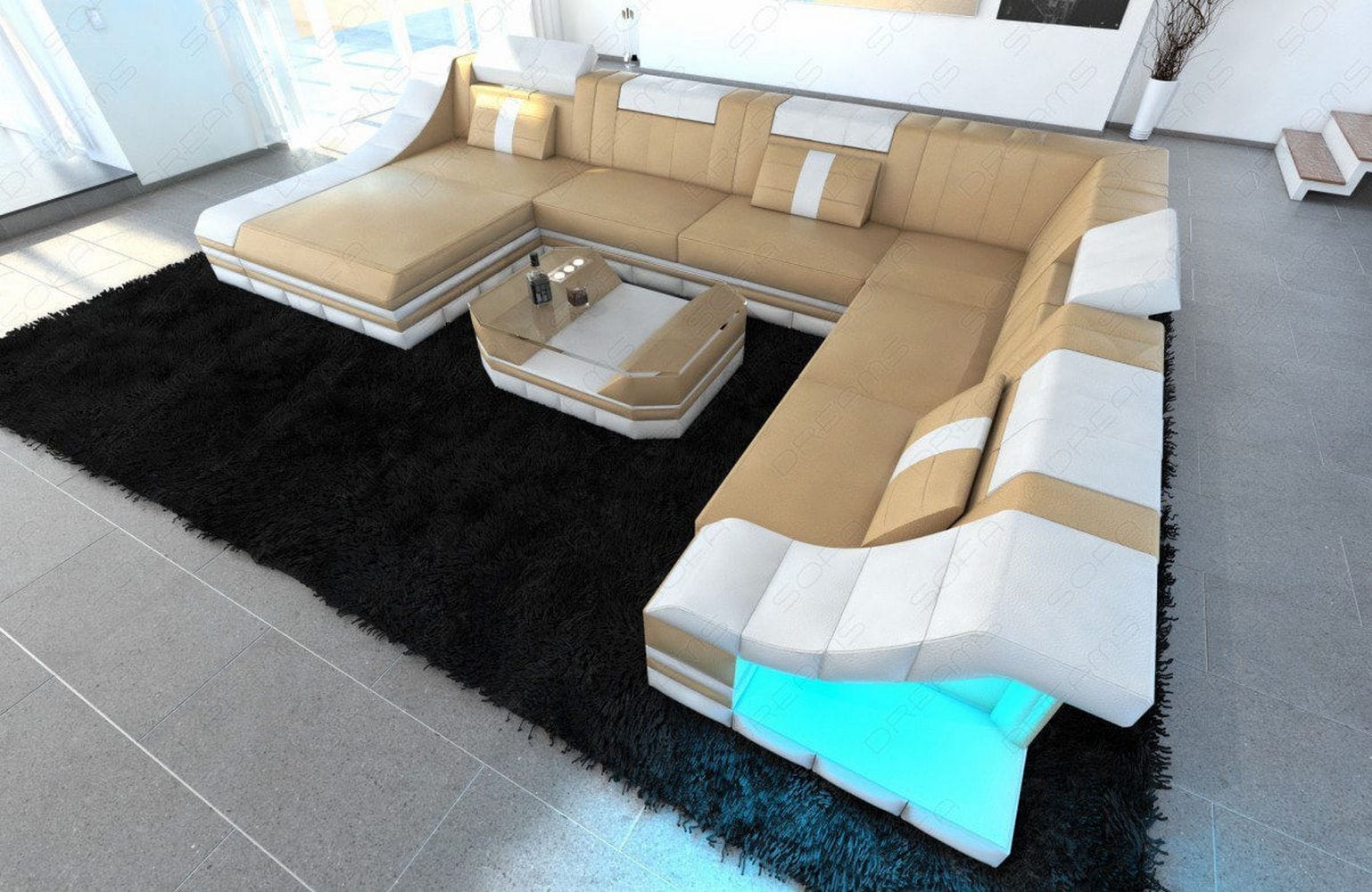 Design Wohnlandschaft Turino XL mit LED sandbeige-weiß