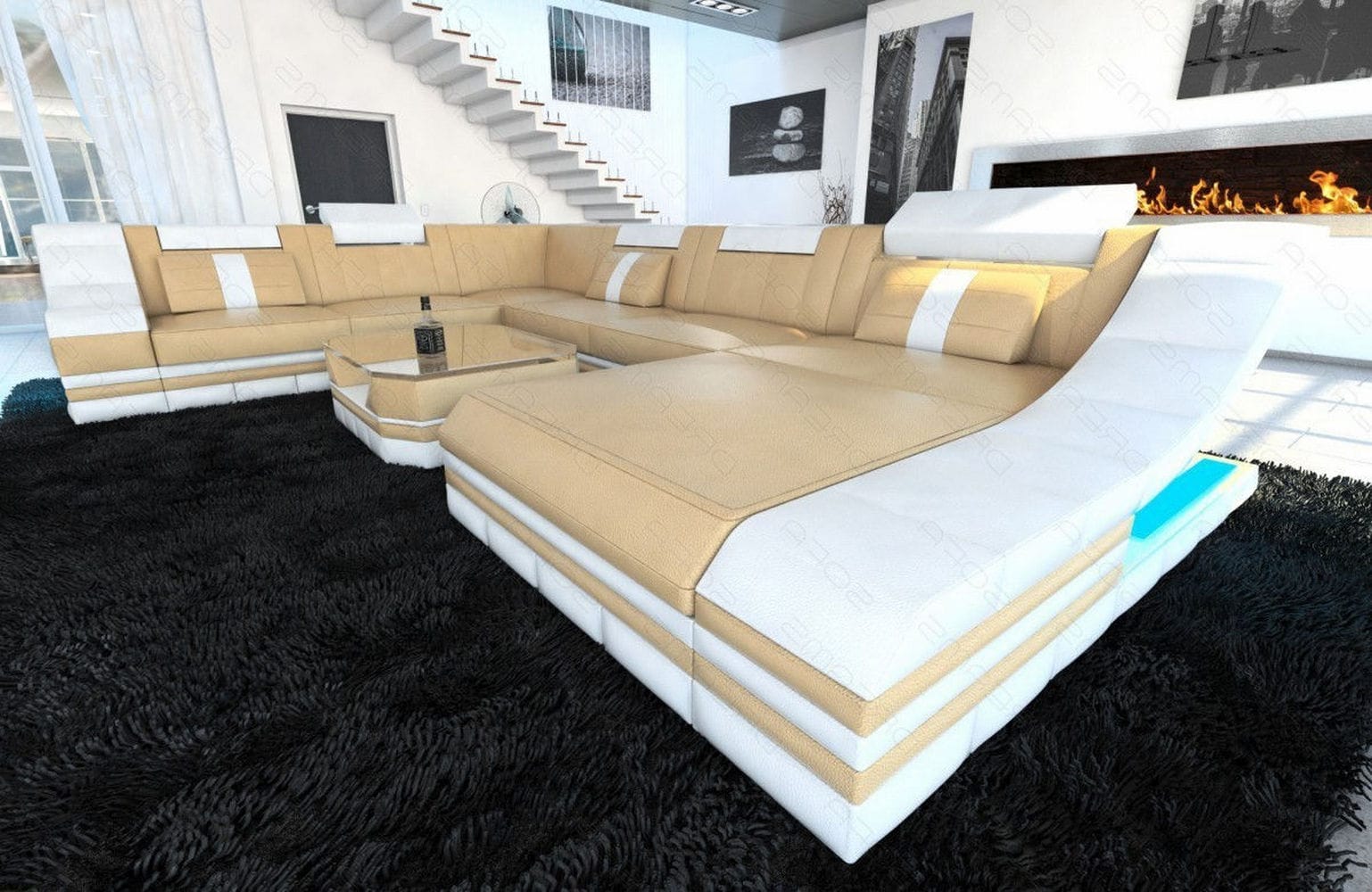 Design Wohnlandschaft Turino XL mit LED sandbeige-weiß