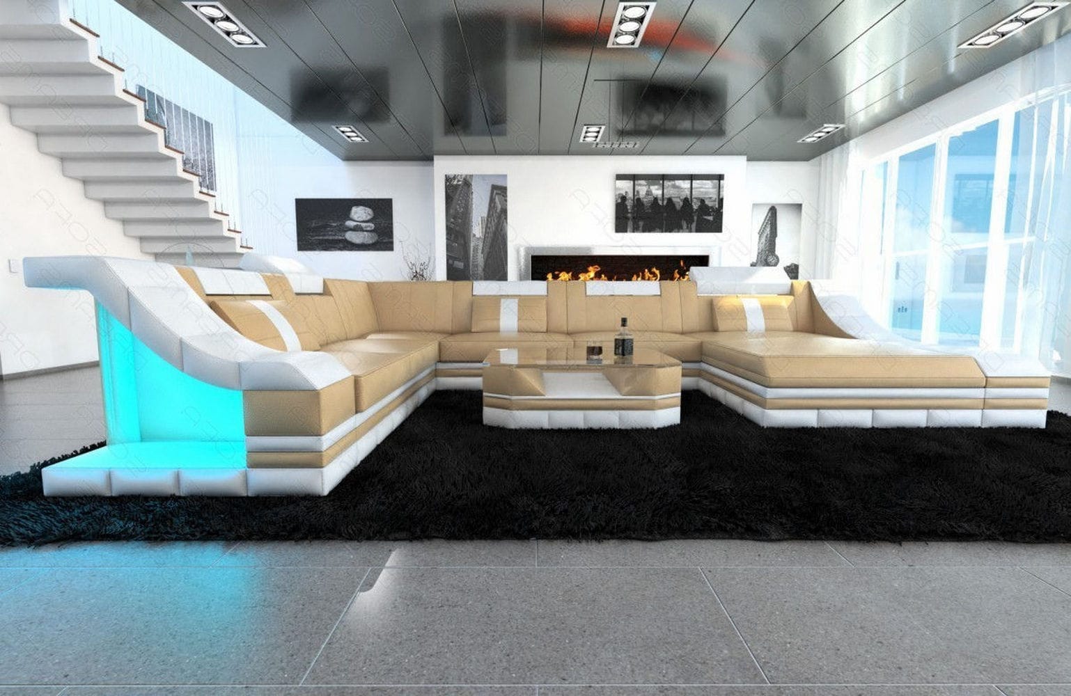 Design Wohnlandschaft Turino XL mit LED sandbeige-weiß