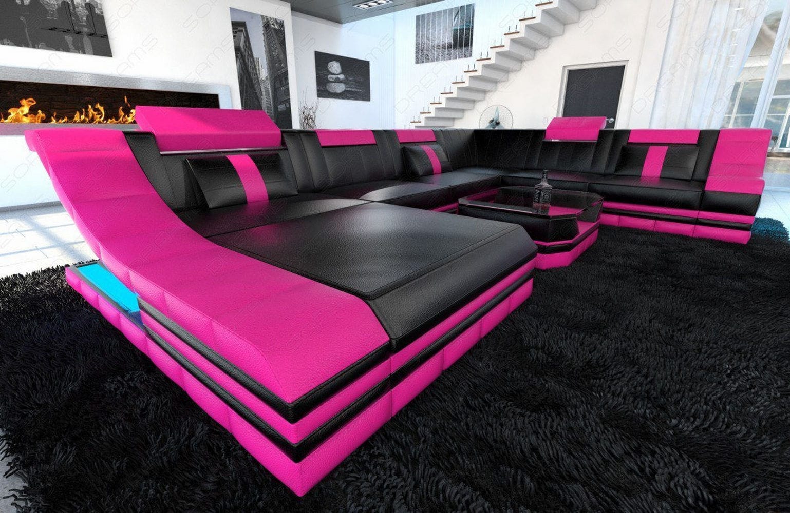 Design Wohnlandschaft Turino XL mit LED schwarz-pink