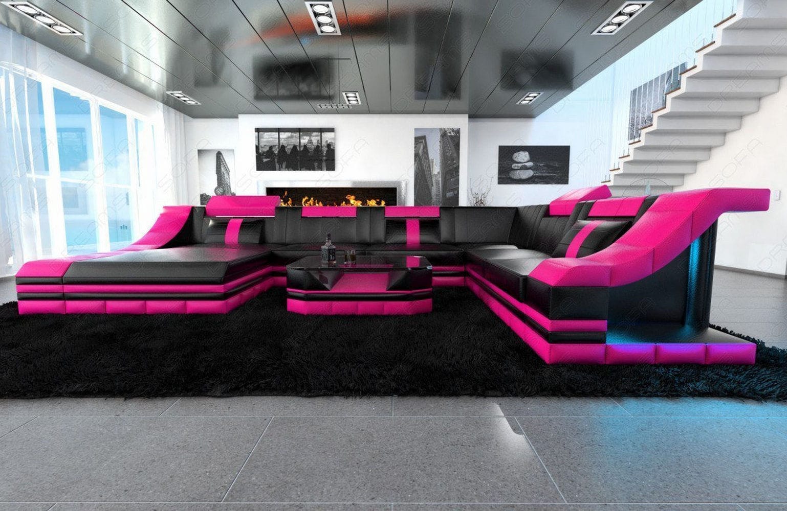 Design Wohnlandschaft Turino XL mit LED schwarz-pink