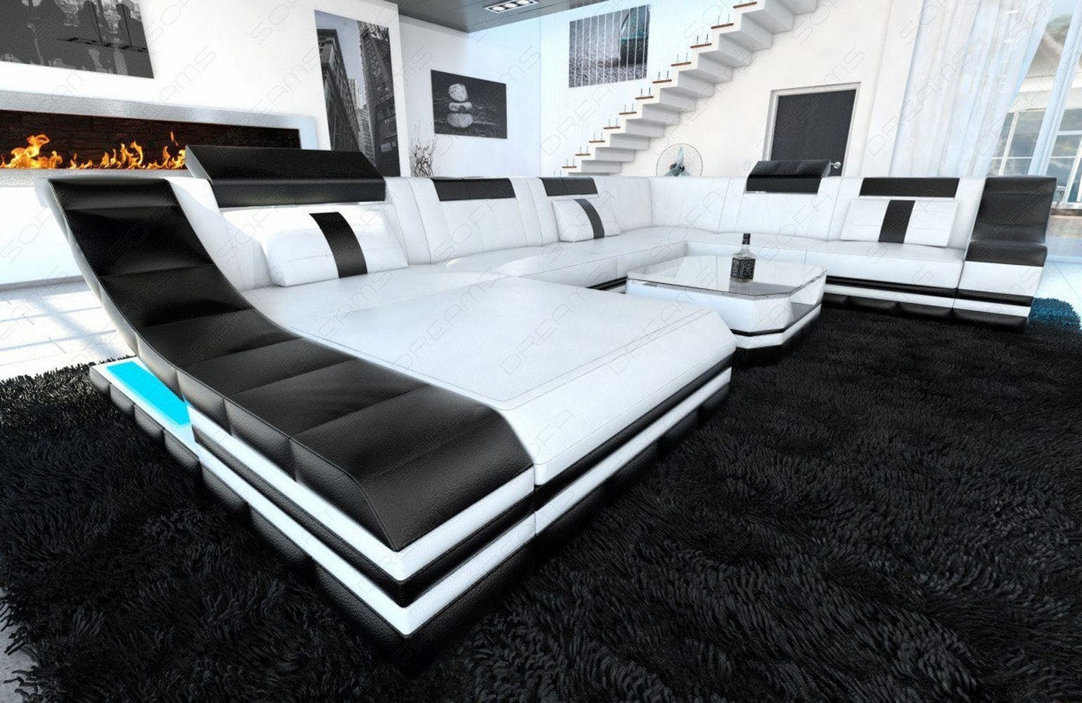 Design Wohnlandschaft Turino XL mit LED weiß-schwarz