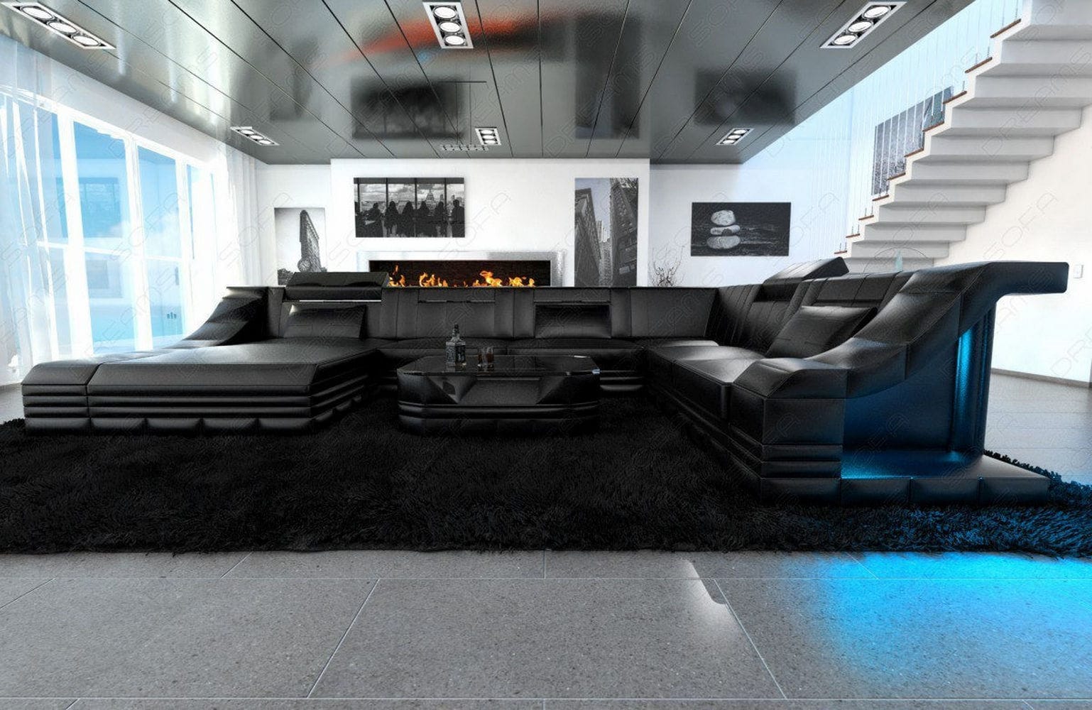 Design Wohnlandschaft Turino XL mit LED schwarz