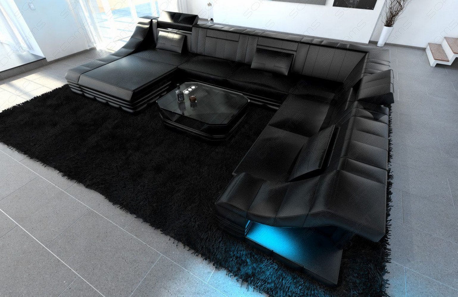 Design Wohnlandschaft Turino XL mit LED schwarz