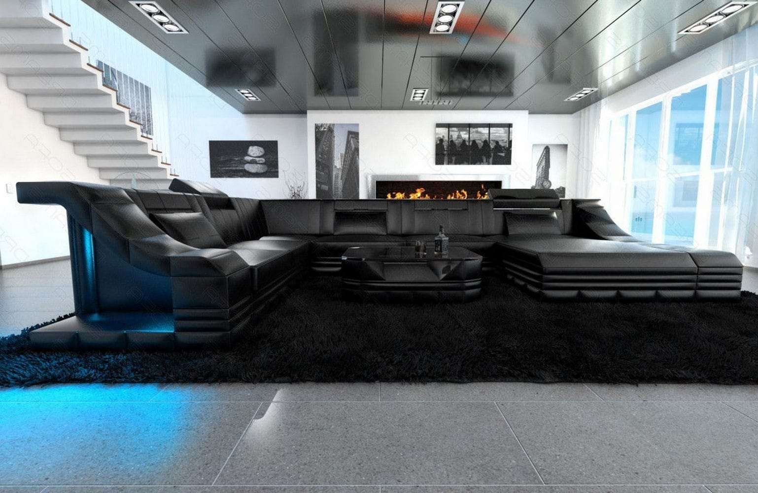Design Wohnlandschaft Turino XL mit LED schwarz